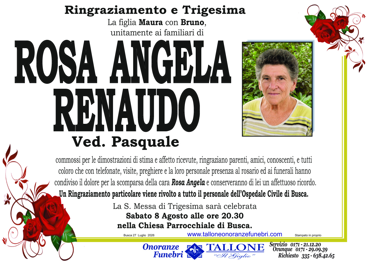 <br />
<b>Warning</b>:  Undefined variable $info in <b>/home/tallone/public_html/ringraziamenti.php</b> on line <b>68</b><br />
Rosa Angela Renaudo